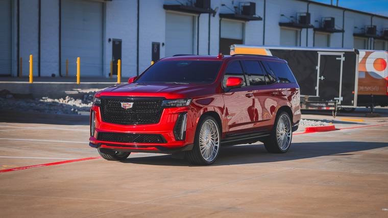 Red Cadillac Escalade-V paint protection film, ceramic coating — front three quarter at Humble Crew Auto Spa, Plano TX