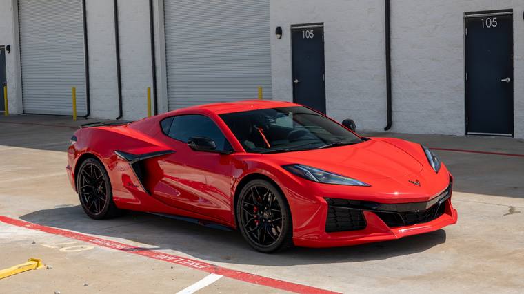 Red Chevrolet Corvette C8 Z06 paint protection film — front three quarter at Humble Crew Auto Spa, Plano TX