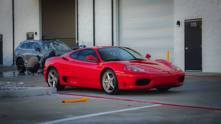 Red Ferrari 360 Modena ceramic coating — front three quarter at Humble Crew Auto Spa, Plano TX