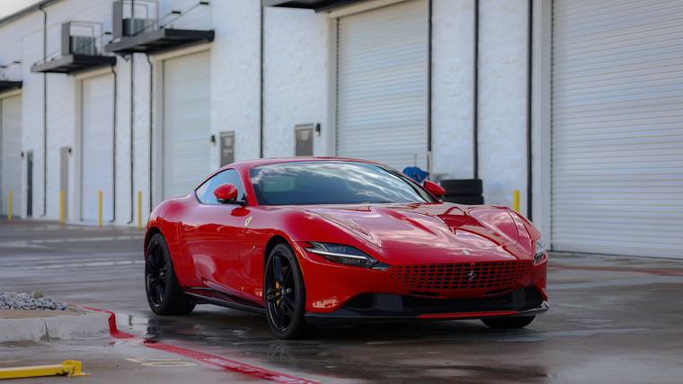 Red Ferrari Roma paint protection film — front three quarter at Humble Crew Auto Spa, Plano TX