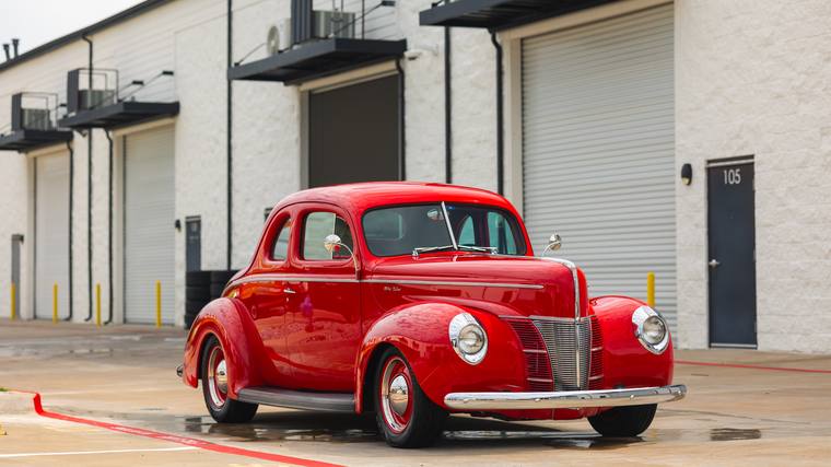 Red Ford Deluxe Coupe ceramic coating, paint correction — front three quarter at Humble Crew Auto Spa, Plano TX