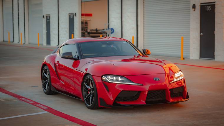 Red Toyota GR Supra 3.0 paint protection film, ceramic coating — front three quarter at Humble Crew Auto Spa, Plano TX