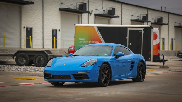 Shark Blue Porsche 718 Cayman S paint protection film, ceramic coating — front three quarter at Humble Crew Auto Spa, Plano TX