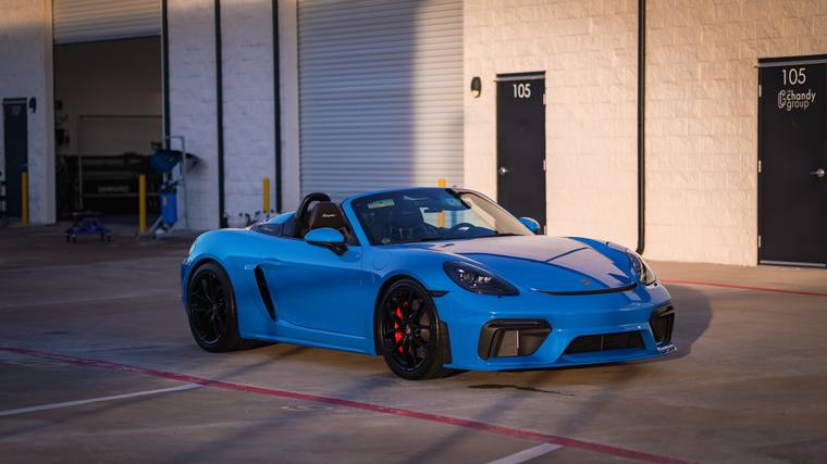 Shark Blue Porsche 718 Spyder paint protection film, ceramic coating — front three quarter at Humble Crew Auto Spa, Plano TX