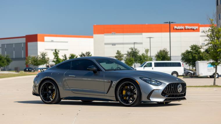 Silver Mercedes-AMG GT 63 paint protection film, ceramic coating, paint correction — front three quarter wide at Humble Crew Auto Spa, Plano TX