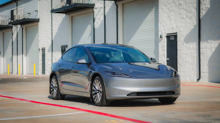 Silver Tesla Model 3 Highland paint protection film, ceramic coating — front three quarter at Humble Crew Auto Spa, Plano TX