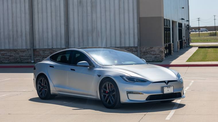 Silver Tesla Model S Plaid ceramic coating — front three quarter at Humble Crew Auto Spa, Plano TX