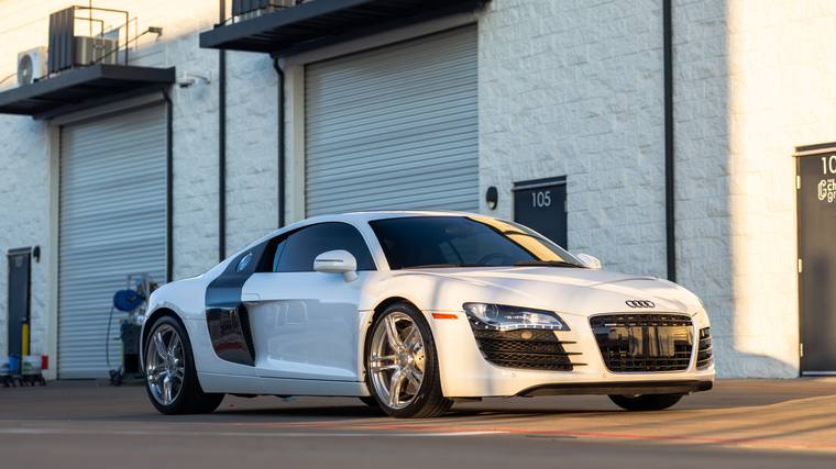 White Audi R8 paint protection film — front three quarter at Humble Crew Auto Spa, Plano TX