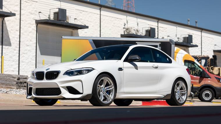 White BMW M2 F87 ceramic coating, paint correction — front three quarter at Humble Crew Auto Spa, Plano TX