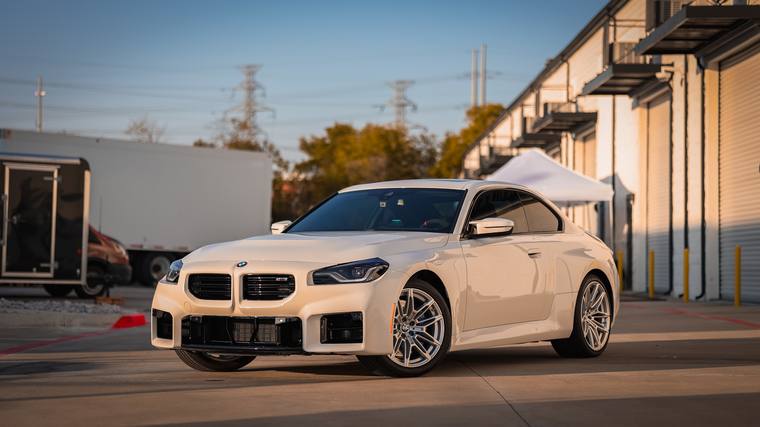 White BMW M2 G87 paint protection film, ceramic coating — front three quarter at Humble Crew Auto Spa, Plano TX