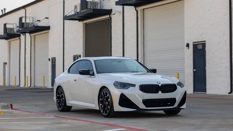 White BMW M240i ceramic coating — wheels off front three quarter at Humble Crew Auto Spa, Plano TX