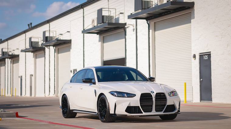 White BMW M3 G80 Competition paint protection film, ceramic coating — front three quarter at Humble Crew Auto Spa, Plano TX