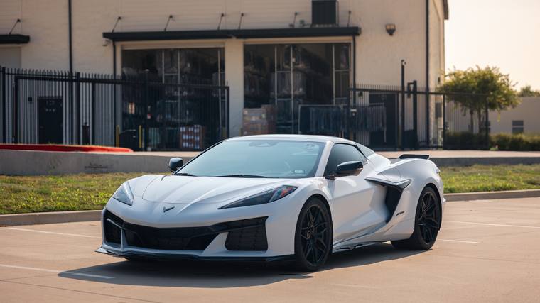 White Chevrolet Corvette C8 Z06 paint protection film, ceramic coating — front three quarter at Humble Crew Auto Spa, Plano TX