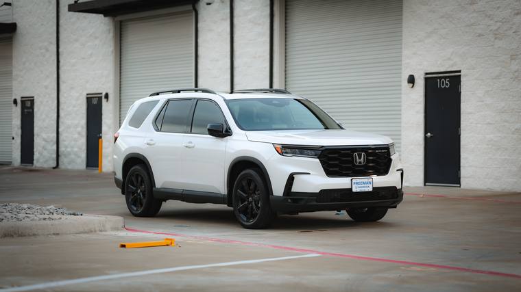 White Honda Pilot Black Edition paint protection film, ceramic coating — front three quarter at Humble Crew Auto Spa, Plano TX