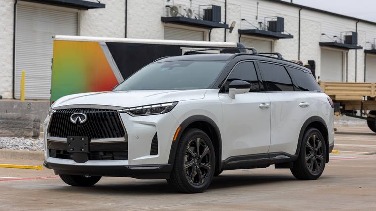 White Infiniti QX60 Autograph paint protection film, ceramic coating — front three quarter at Humble Crew Auto Spa, Plano TX