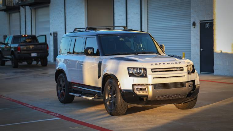 White Land Rover Defender 110 paint protection film, ceramic coating — front three quarter at Humble Crew Auto Spa, Plano TX