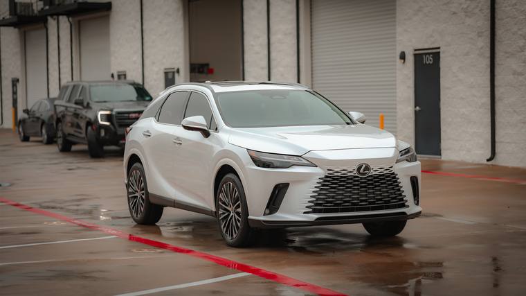White Lexus RX 350h Luxury paint protection film, ceramic coating — front three quarter at Humble Crew Auto Spa, Plano TX