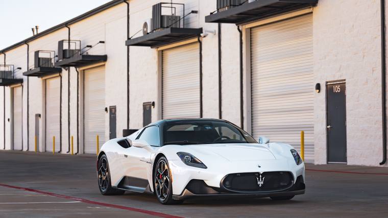 White Maserati MC20 ceramic coating, paint correction — front three quarter at Humble Crew Auto Spa, Plano TX