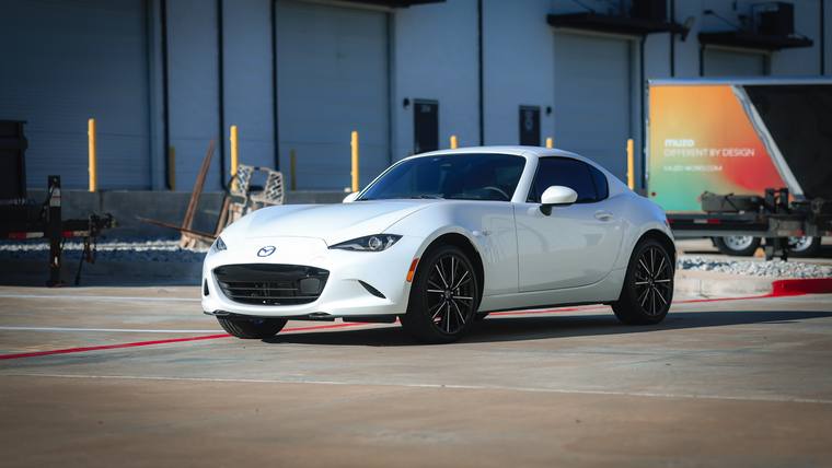 White Mazda MX-5 Miata RF Grand Touring paint protection film, ceramic coating — front three quarter at Humble Crew Auto Spa, Plano TX