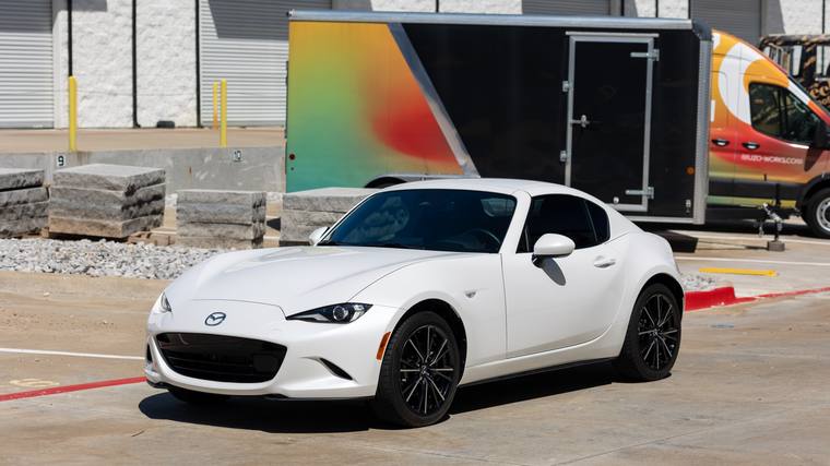 White Mazda MX-5 Miata RF paint protection film — front three quarter at Humble Crew Auto Spa, Plano TX