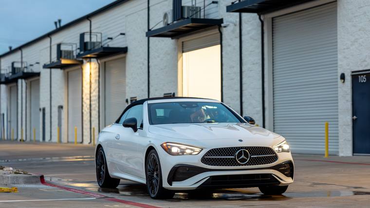 White Mercedes-Benz CLE 450 Cabriolet paint protection film, ceramic coating — front three quarter at Humble Crew Auto Spa, Plano TX