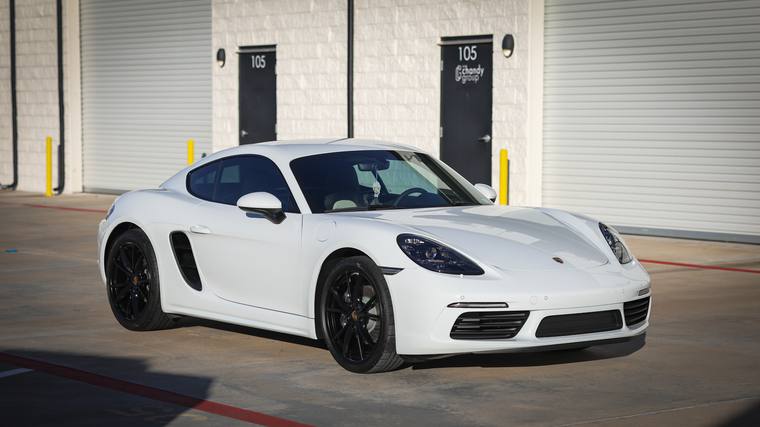 White Porsche 718 Cayman paint protection film, ceramic coating — front three quarter at Humble Crew Auto Spa, Plano TX