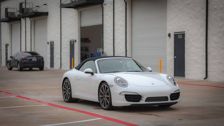 White Porsche 911 991.1 Carrera S Cabriolet paint protection film, ceramic coating — front three quarter at Humble Crew Auto Spa, Plano TX