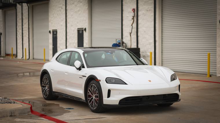 White Porsche Taycan 4 Cross Turismo paint protection film, ceramic coating — front three quarter at Humble Crew Auto Spa, Plano TX