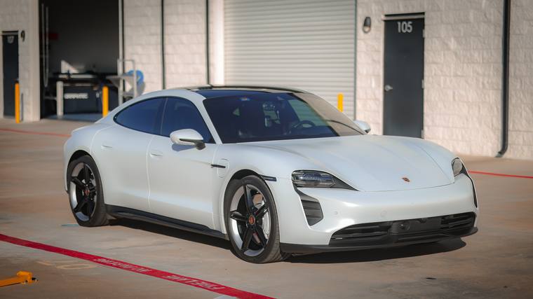 White Porsche Taycan GTS paint protection film, ceramic coating — front three quarter at Humble Crew Auto Spa, Plano TX