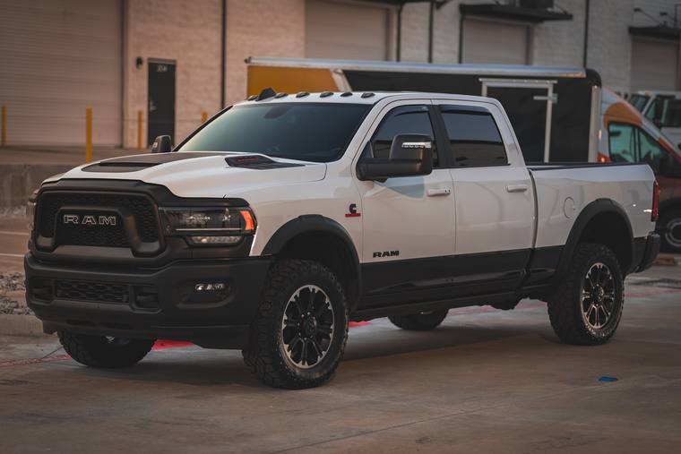White Ram 2500 Rebel paint protection film, ceramic coating — front three quarter at Humble Crew Auto Spa, Plano TX