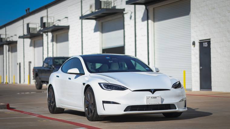 White Tesla Model S paint protection film, ceramic coating — front three quarter at Humble Crew Auto Spa, Plano TX