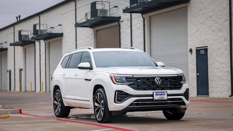 White Volkswagen Atlas SEL Premium R-Line paint protection film, ceramic coating — front three quarter at Humble Crew Auto Spa, Plano TX